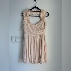 Women’s Bebe Silk Dress With‎ Draped Bubble Skirt Ruffled Neckline Large NEW
